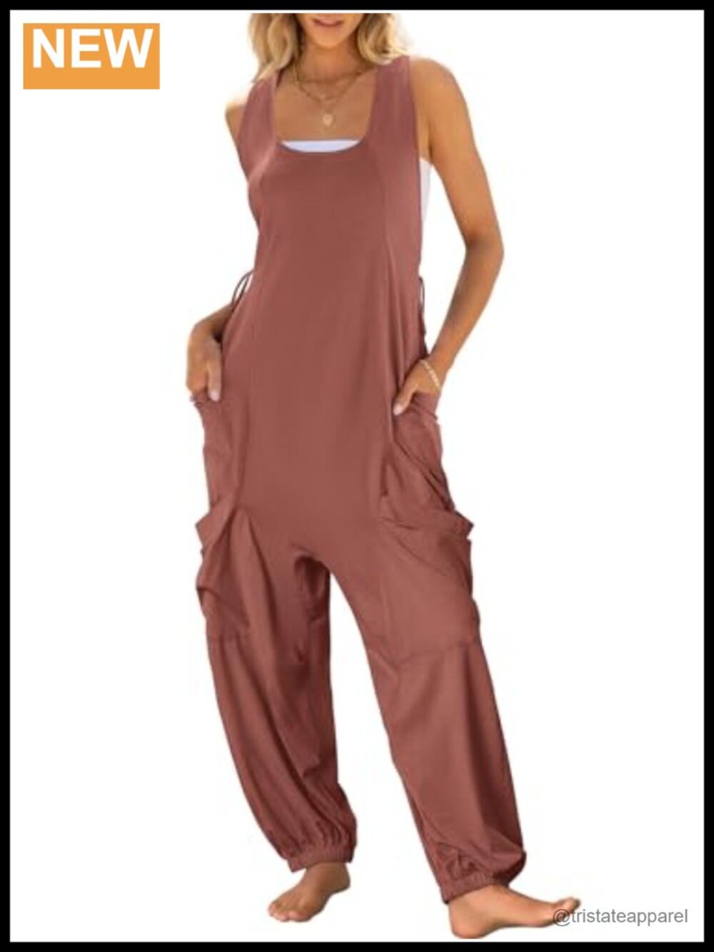 Sleeveless Scoop Neck Loose Fit Jumpsuit with Pockets & Straps